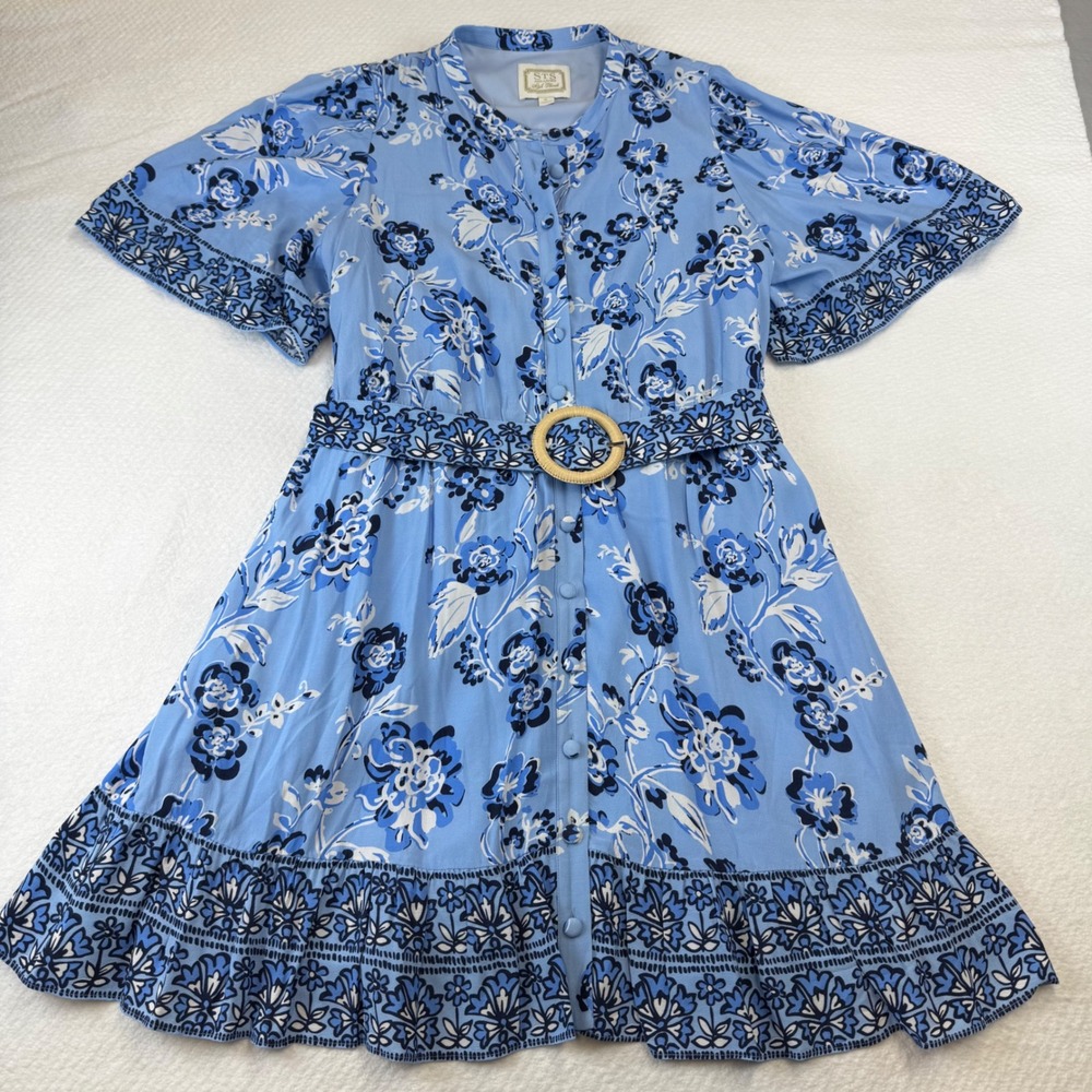 STS Blue Floral Midi Dress Button Front Flutter Sleeve Wood Buckle Belt XL - Picture 2 of 10